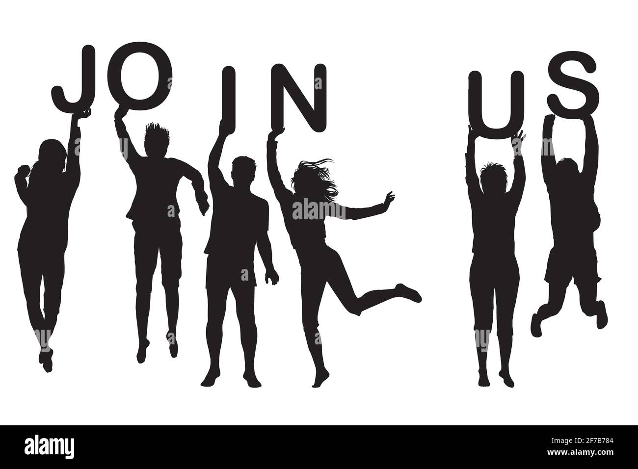 Les hommes et les femmes silhouettes noires holding mots REJOIGNEZ-NOUS dans leurs mains Illustration de Vecteur