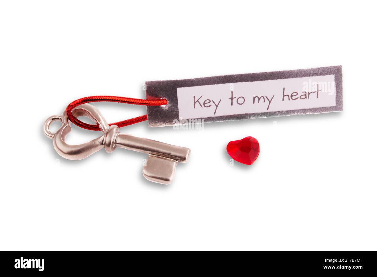 Clé de ma citation de coeur. Romantique Valentin objets avec étiquette et petit coeur rouge isolé sur un fond blanc Banque D'Images