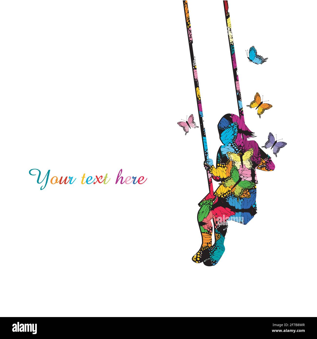 Silhouette colorée d'une jeune fille assise sur une balançoire avec papillons colorés Illustration de Vecteur
