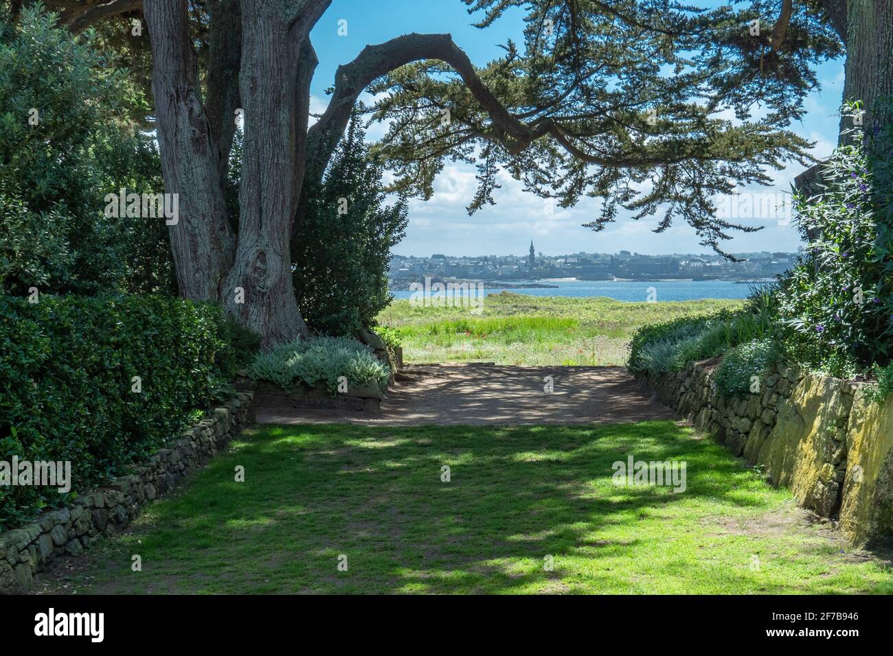 Vue des jardins de l'ile de Batz à Roscoff, Bretagne, France. Banque D'Images