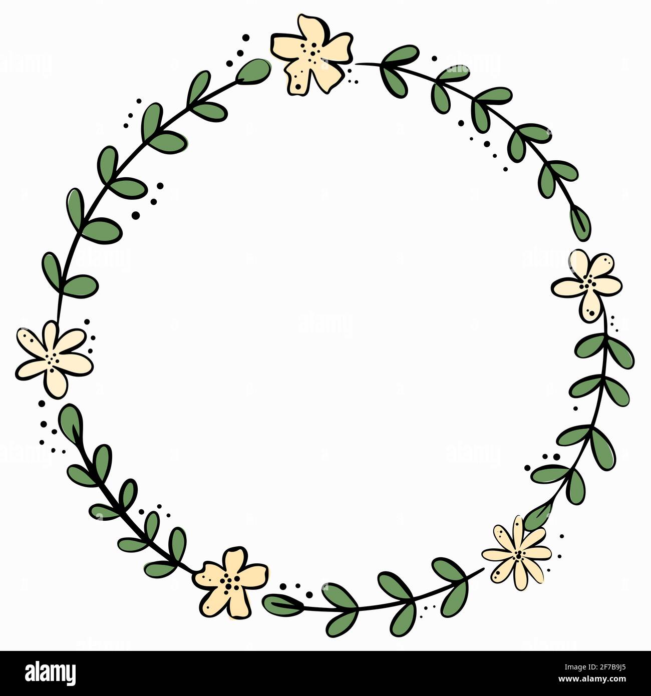 Cadre rond dessiné à la main. Cercle fait de fleurs et de feuilles. Modèle, carte postale de vacances ou invitation. Cadre vectoriel avec lignes simples. Illustration de Vecteur