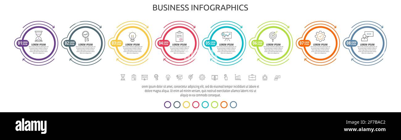 Infographie moderne sur les cercles vectoriels en lignes avec 8 étapes, flèches. Huit options pour les diagrammes, les entreprises, le Web, la mise en page des flux de travail, les présentations, organigramme Illustration de Vecteur