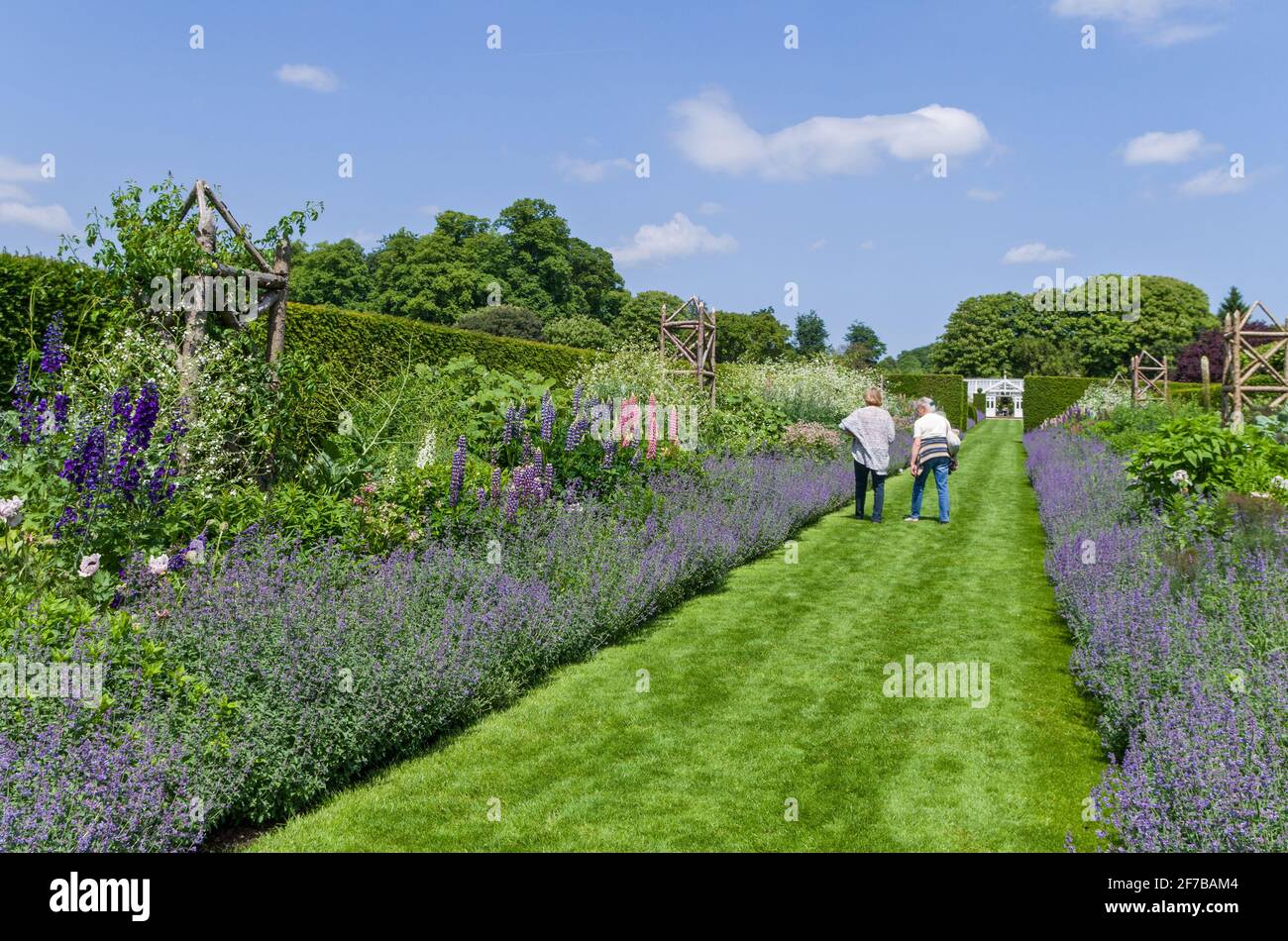 Houghton Hall Gardens en été, Norfolk, Royaume-Uni; deux visiteurs observant les frontières herbacées dans le jardin clos. Banque D'Images