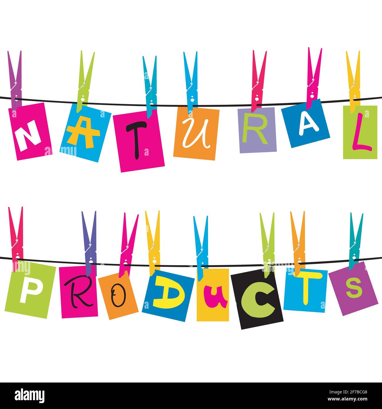 Message de produits naturels avec des morceaux de papier de couleur accroché sur une corde Illustration de Vecteur