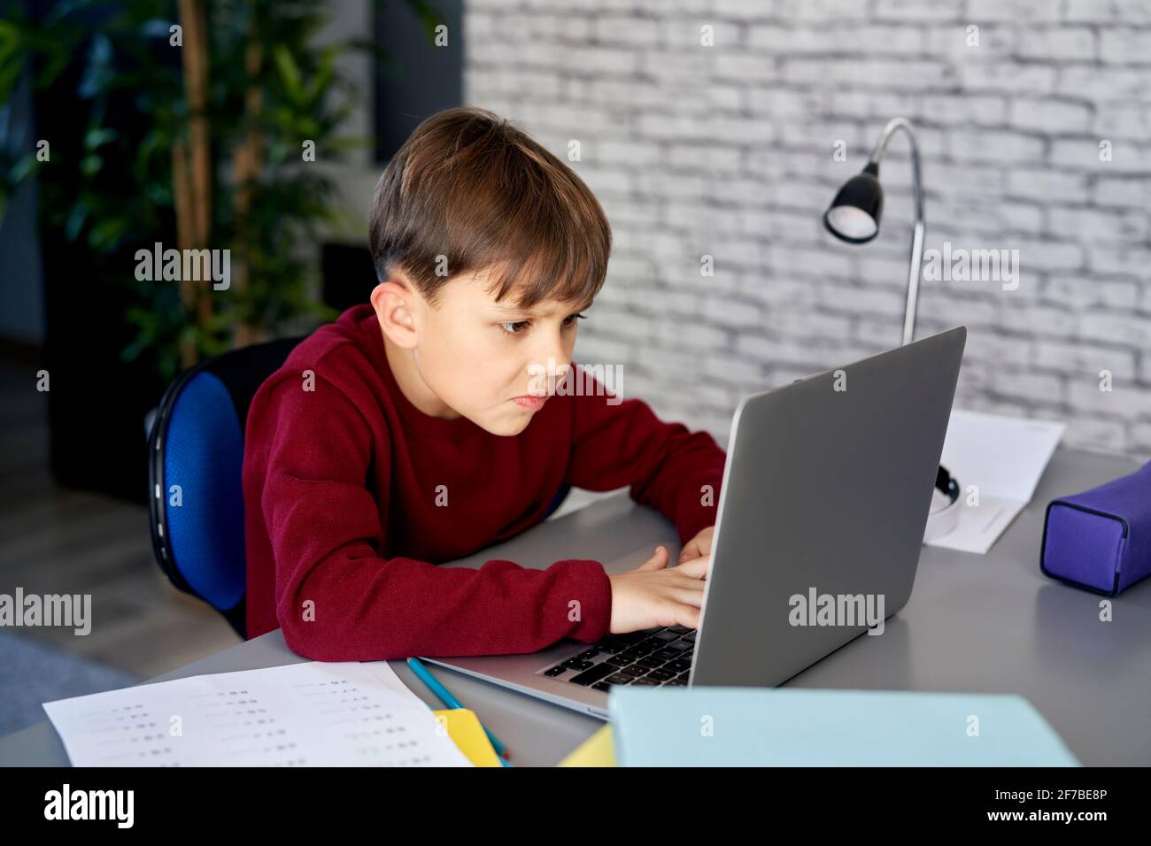 Garçon concentré utilisant un ordinateur portable pendant l'éducation Banque D'Images