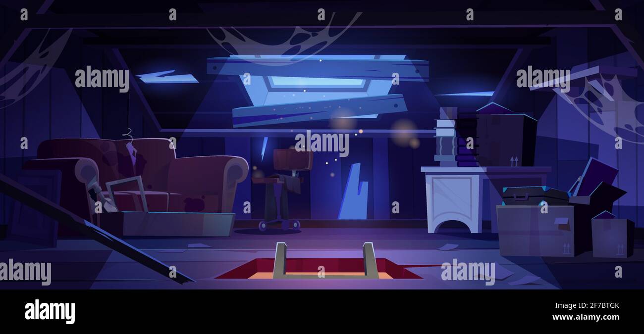 Vieux grenier dans la maison abandonnée la nuit. Vide intérieur de la chambre de garret avec toit cassé, murs et poutres, désordre et toile de araignée. Mansarde désordonné avec trappe dans le plancher et clair de lune, illustration vectorielle de dessin animé Illustration de Vecteur