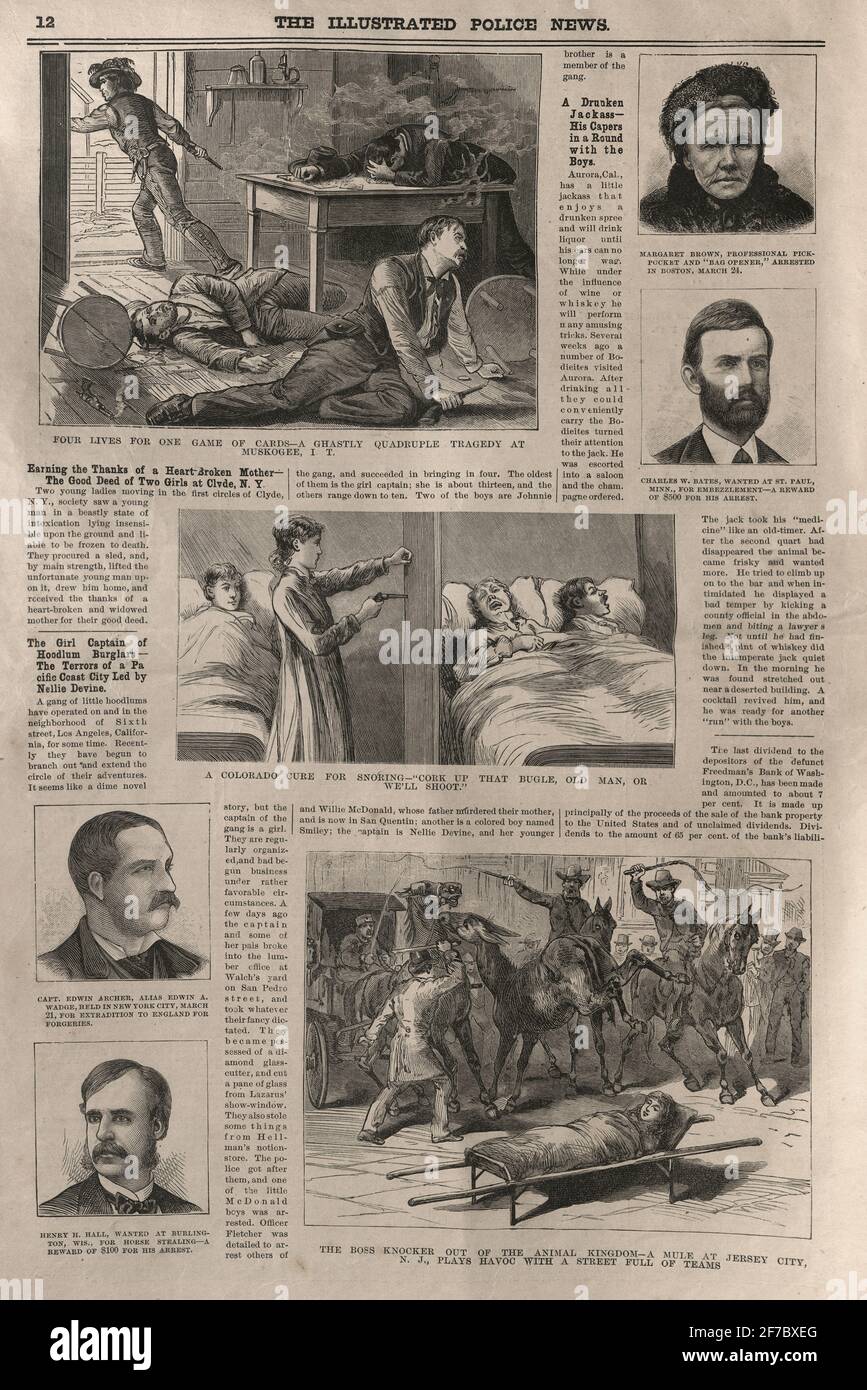 Page de l'Illustrated police News for 1883, 19e Cnetury, crime et criminels, Wild West tir au jeu de poker Banque D'Images