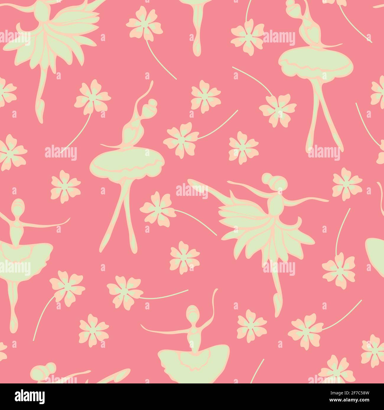 Motif vectoriel sans couture avec ballerines dansantes sur fond rose. Joli papier peint à motif girly avec des gens et des fleurs. Illustration de Vecteur