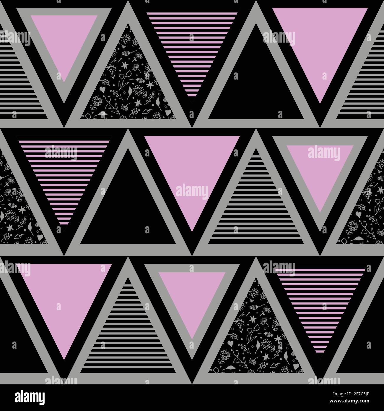 Motif vectoriel sans couture avec texture triangulaire sur fond gris. Papier peint géométrique simple avec contraste noir et rose. Illustration de Vecteur