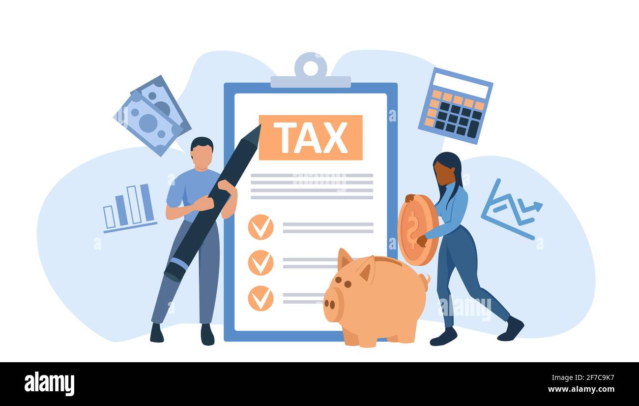 Vecteur de personnes homme et femme remplissant les documents de déclaration de revenus Banque D'Images