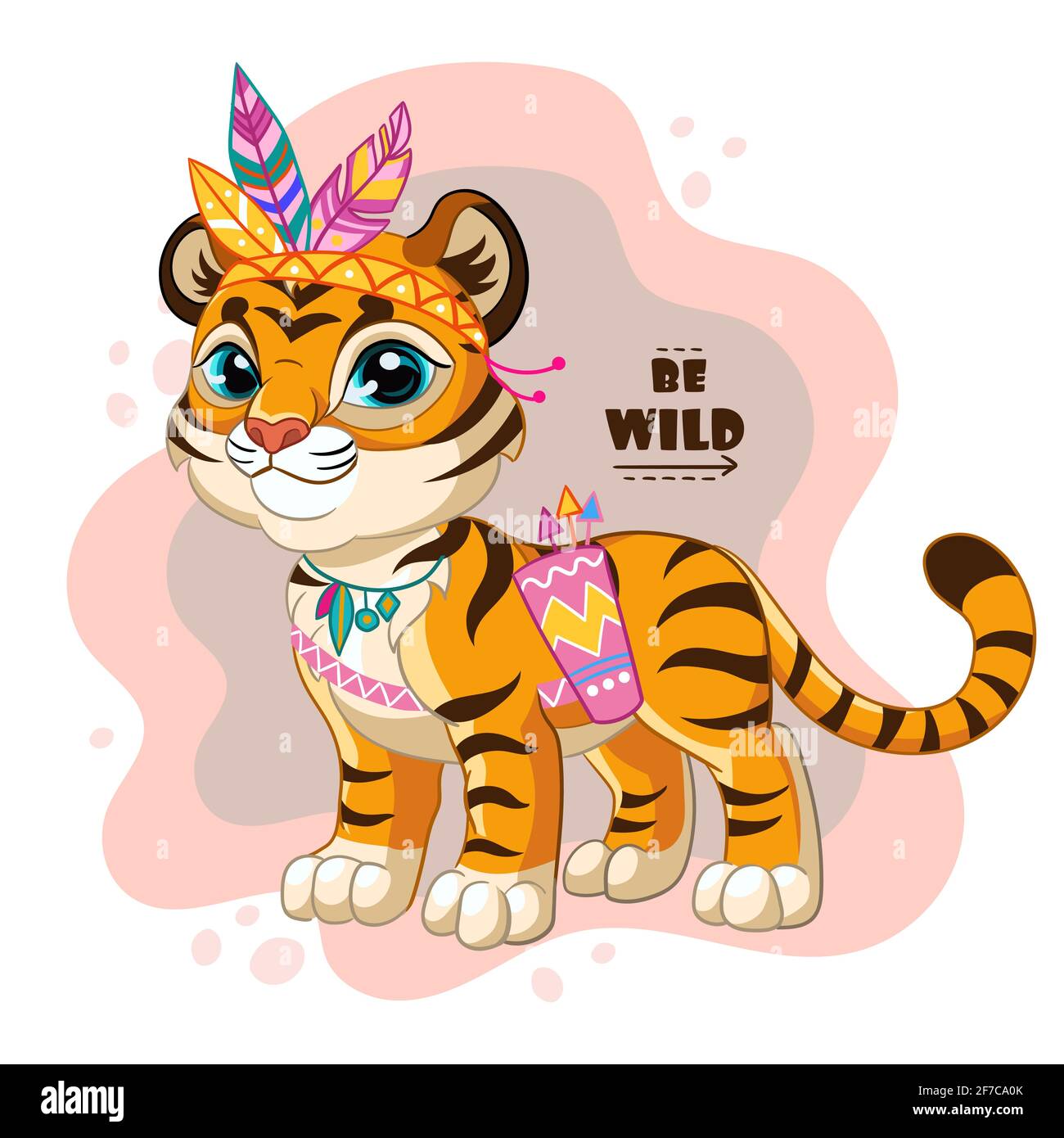 Mignon petit tigre tribal de dessin animé. Soyez sauvage. Personnage de dessin animé. Illustration vectorielle isolée. Pour carte postale, affiches, design, carte de vœux, autocollants, ro Illustration de Vecteur