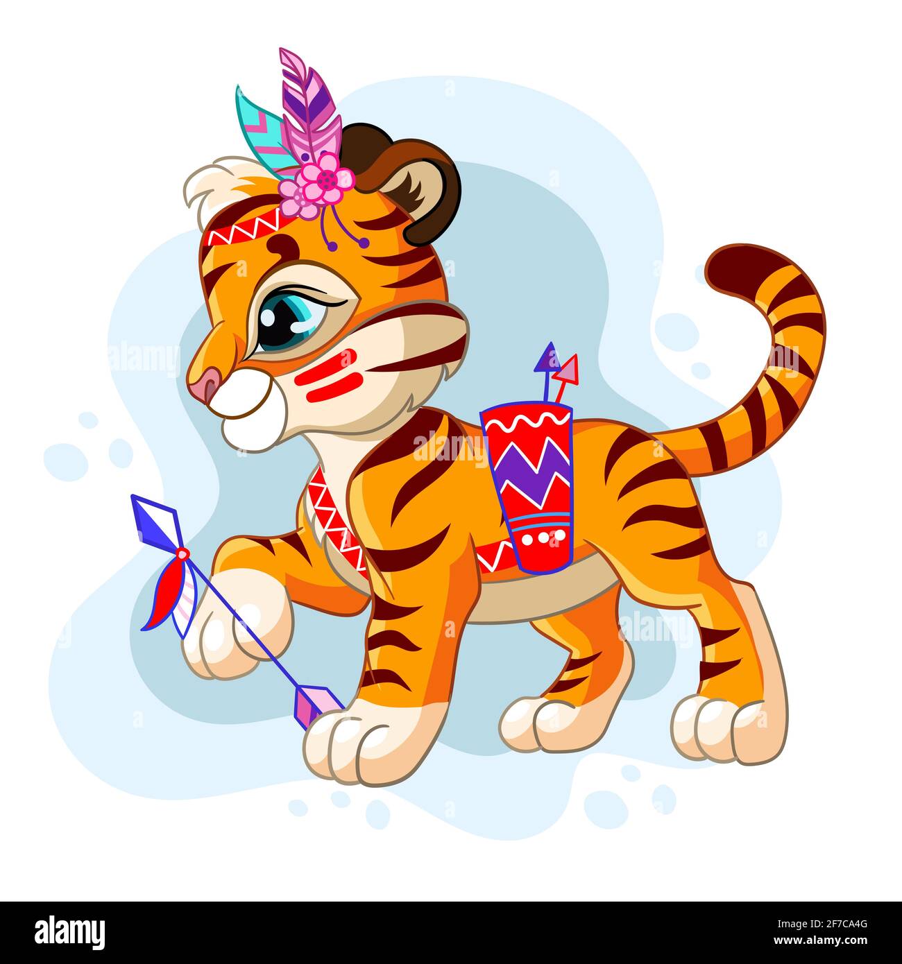 Mignon petit tigre tribal de dessin animé avec flèches. Personnage de dessin animé. Illustration vectorielle isolée. Pour carte postale, affiches, design, carte de vœux, autocollants, Illustration de Vecteur