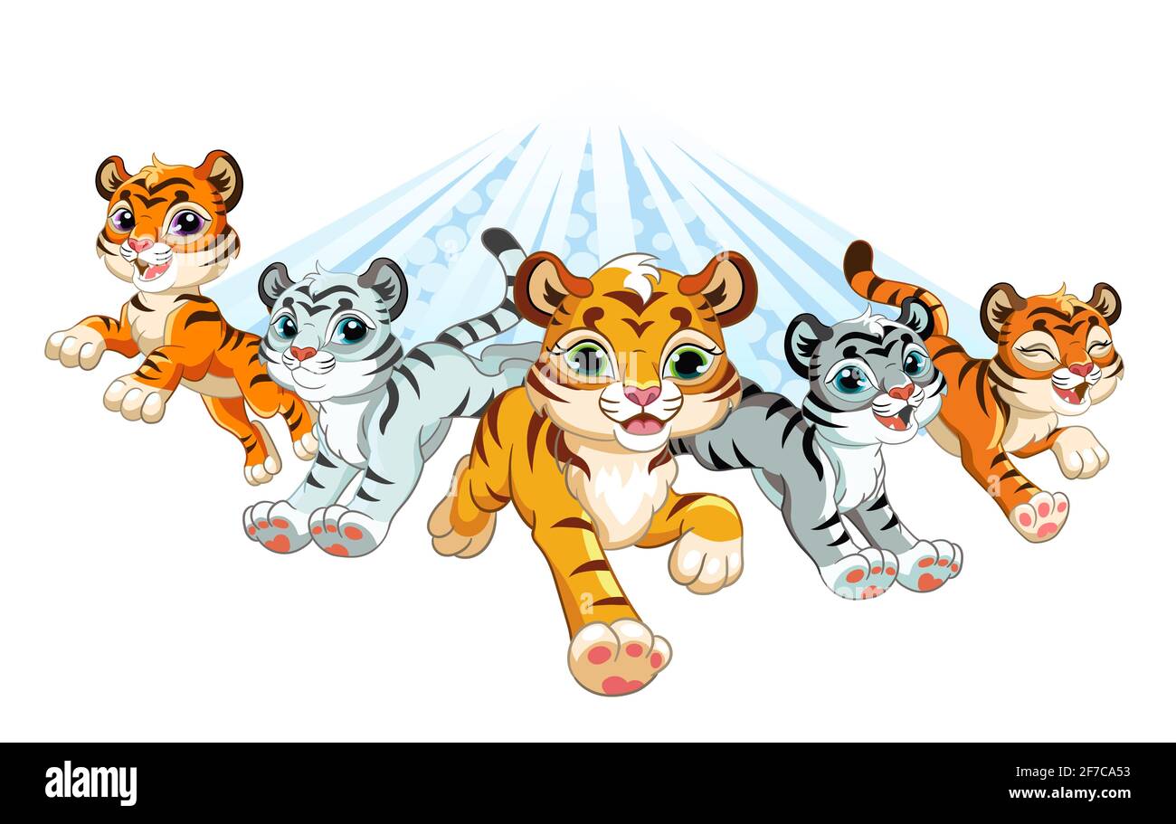 Cinq tigres courageux sont en marche avant. Personnages de dessin animé. Illustration vectorielle. Pour l'impression et le design, les affiches, la création de pépinière, les cartes, les autocollants, chambre Illustration de Vecteur