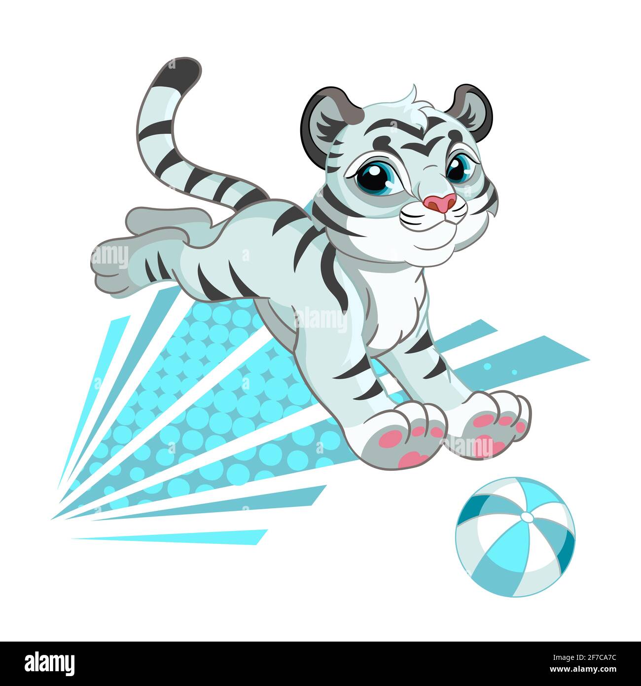 Joli tigre blanc avec balle. Personnage de dessin animé. Illustration colorée isolée vectorielle. Pour l'impression et le design, les affiches, la création de pépinière, les cartes, les autocollants, ro Illustration de Vecteur