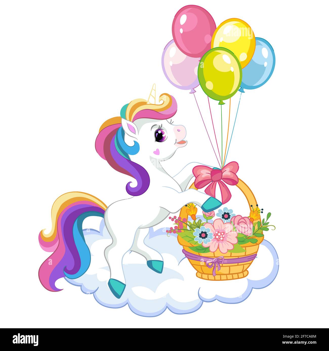 Adorable licorne de dessin animé avec panier à fleurs et ballons. Illustration vectorielle isolée. Pour carte postale, affiches, création de pépinière, carte de vœux, autocollants, ro Illustration de Vecteur