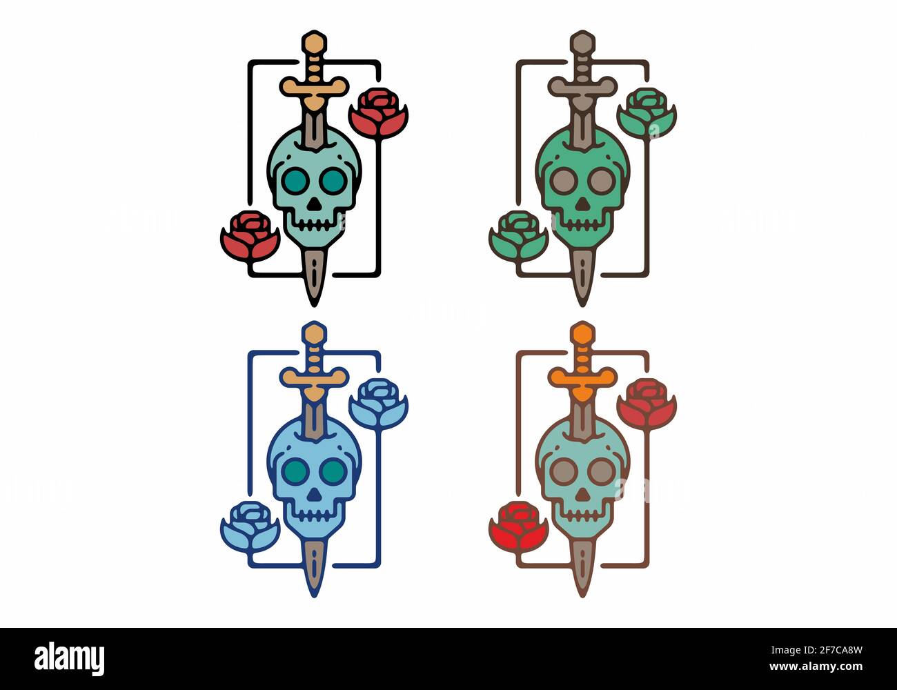 Illustration vintage du crâne et de l'épée avec motif roses Illustration de Vecteur