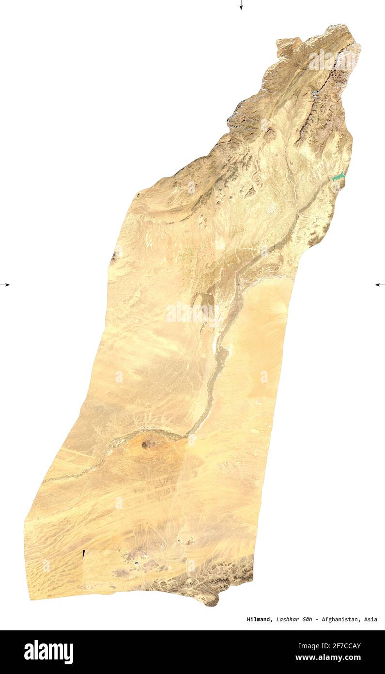 Hilmand, province d'Afghanistan. Imagerie satellite Sentinel-2. Forme isolée sur blanc. Description, emplacement de la capitale. Contient le COPER modifié Banque D'Images