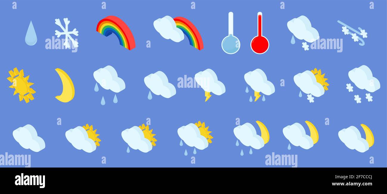 Ensemble isométrique d'icônes météorologiques avec nuages, soleil, flocons de neige et arc-en-ciel isolés sur fond bleu. illustration 3d du pictogramme de météorologie. Illustration de Vecteur