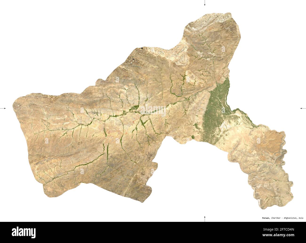 Parwan, province d'Afghanistan. Imagerie satellite Sentinel-2. Forme isolée sur blanc. Description, emplacement de la capitale. Contient une opération modifiée Banque D'Images