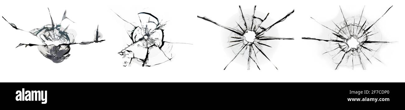 Jeu d'illustrations de verre brisé fissuré, collage de billes de verre endommagées sur fond blanc. Abstraction pour la conception. Banque D'Images