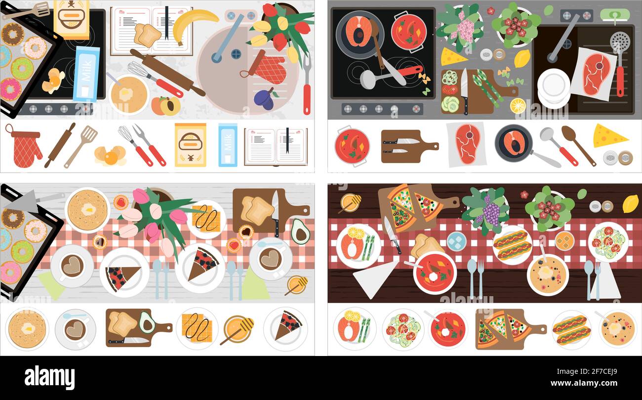 La vue du dessus sur la table avec le dîner. Vue de dessus du comptoir de cuisine avec une cuisinière, un évier, des équipements de cuisine, de la nourriture et des pâtisseries prêtes à l'emploi Illustration de Vecteur