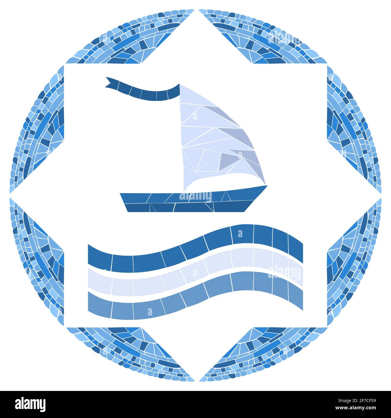 Bateau en mosaïque dans un cadre rond. Illustration vectorielle pour la conception de la piscine ou de la salle de bains. Image de l'emblème. Isolé sur fond blanc Illustration de Vecteur