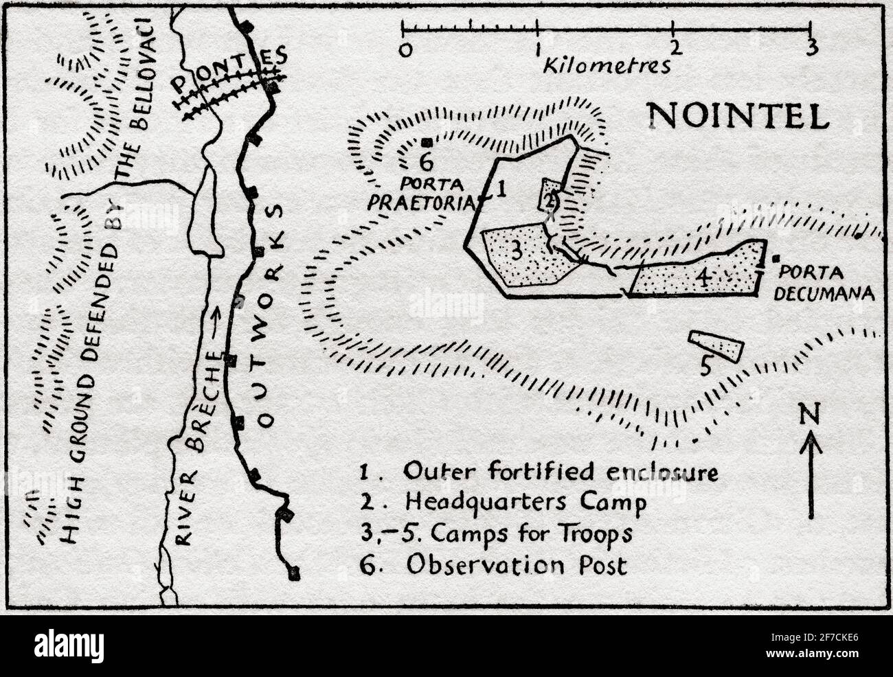 Les camps de Jules César à Nointel, Oise, France, 51 av. J.-C., montrant l'enceinte fortifiée extérieure, le camp de quartier général, les camps de troupes et le poste d'observation. Après une illustration par Edgar Holloway. Banque D'Images