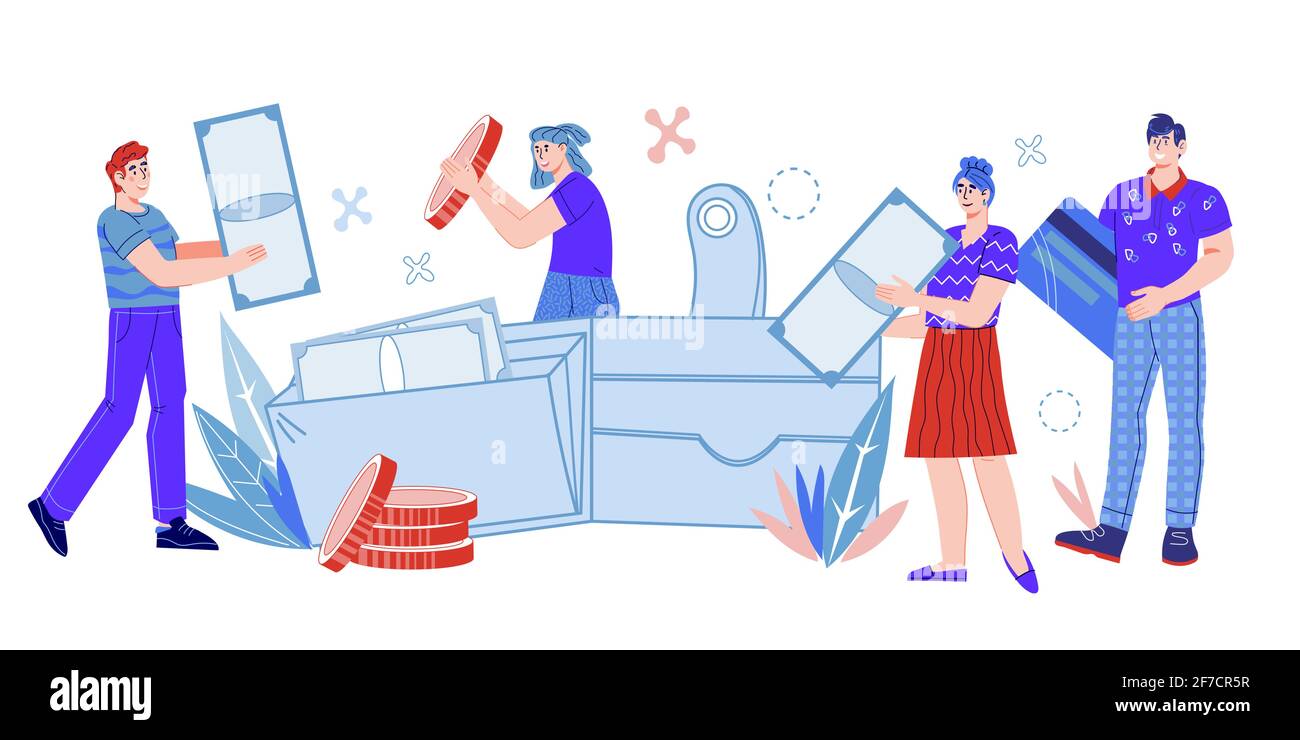Personnes mettant des pièces de monnaie et des billets dans le portefeuille. Concept de paiements en ligne, économies d'argent et économie, illustration vectorielle de dessin animé isolée sur fond blanc Illustration de Vecteur