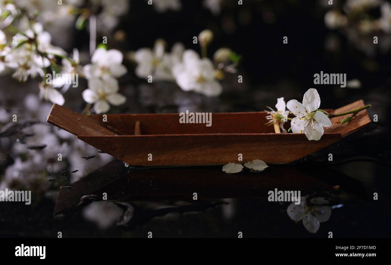 Encore la vie avec le bateau décoratif en bois Banque D'Images