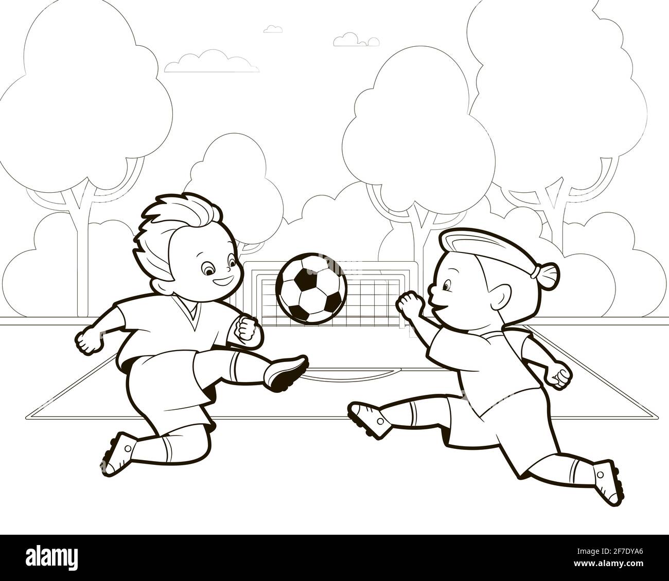 Livre de coloriage; représentations de garçons de soccer dans diverses positions jouant un ballon de soccer . Illustration vectorielle de style dessin animé, dessin au trait noir et blanc . Illustration de Vecteur