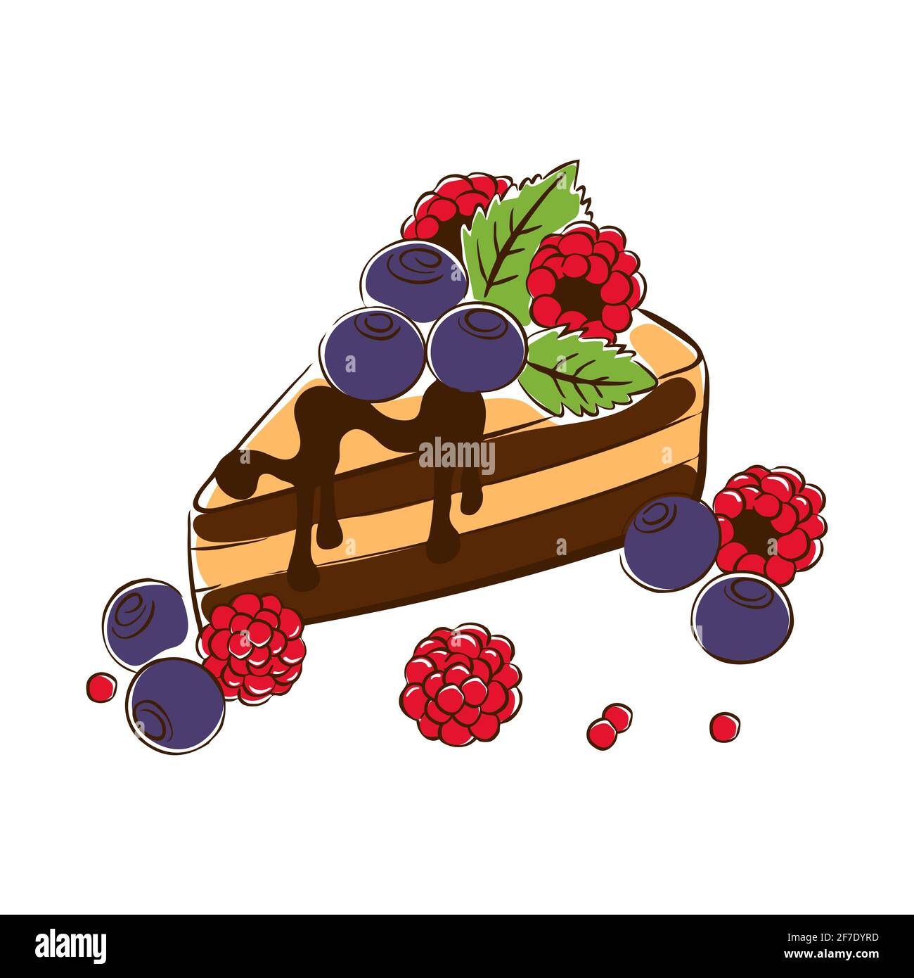 Gâteau, morceau triangulaire de dessert de sable trempé dans la crème douce et Garniture de fruit.esquisse,Doodle,illustration vectorielle isolée sur fond blanc Illustration de Vecteur