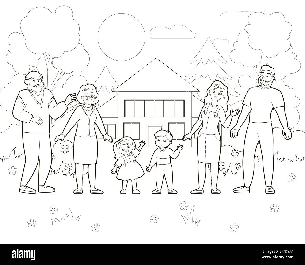 Livre de coloriage: Grande famille heureuse à l'extérieur, sur le fond de la maison et de la forêt. Illustration vectorielle de style dessin animé, dessin au trait noir et blanc Illustration de Vecteur