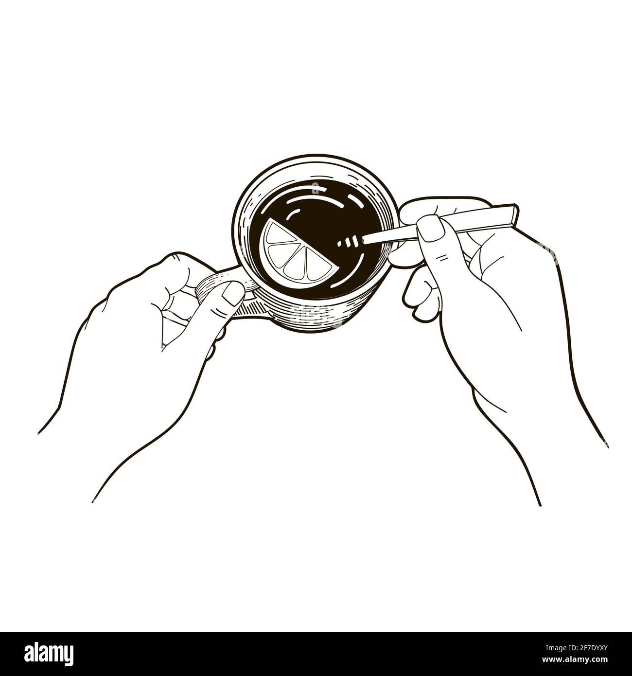 Brosses des deux mains, en remuant avec une cuillère, thé chaud, café, dans une tasse, vue du dessus. Illustration vectorielle en style d'esquisse, illustration de ligne isolée en noir et blanc Illustration de Vecteur