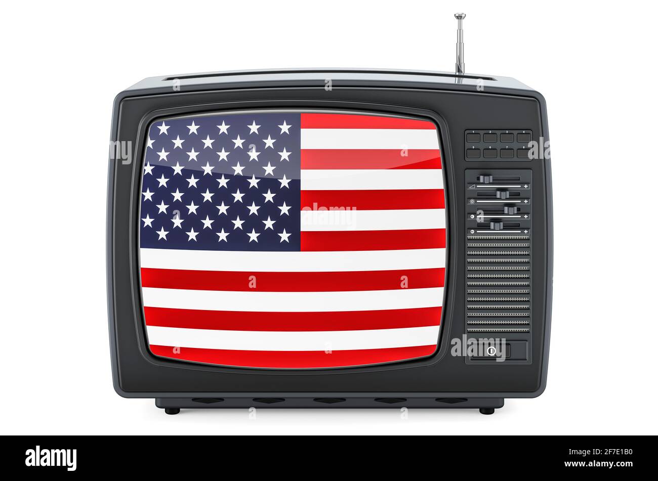 Le concept de télévision des États-Unis. Téléviseur avec drapeau des États-Unis. Rendu 3D isolé sur fond blanc Banque D'Images