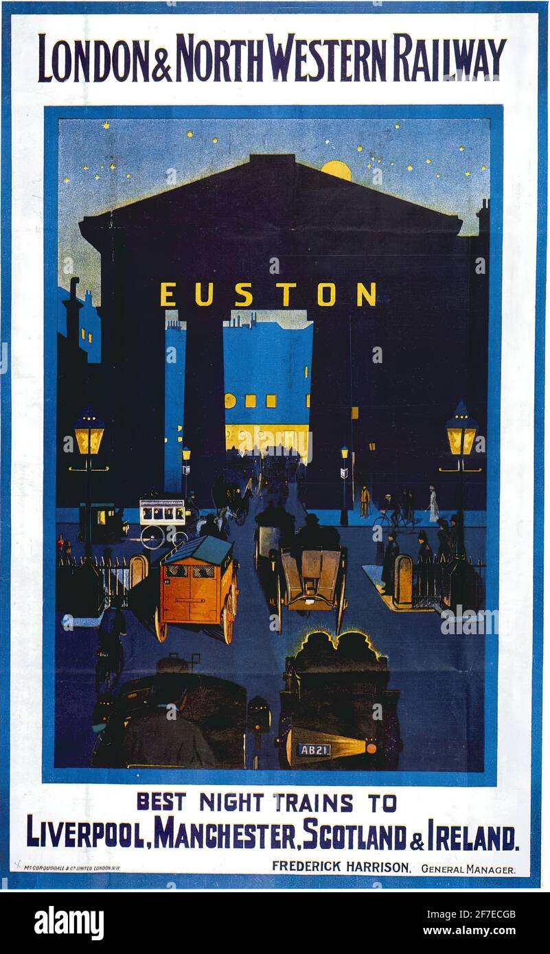 Affiche de voyage vintage pour les trains de nuit London et North Western Railway à destination de Liverpool, Manchester, Écosse, Irlande depuis Euston Banque D'Images