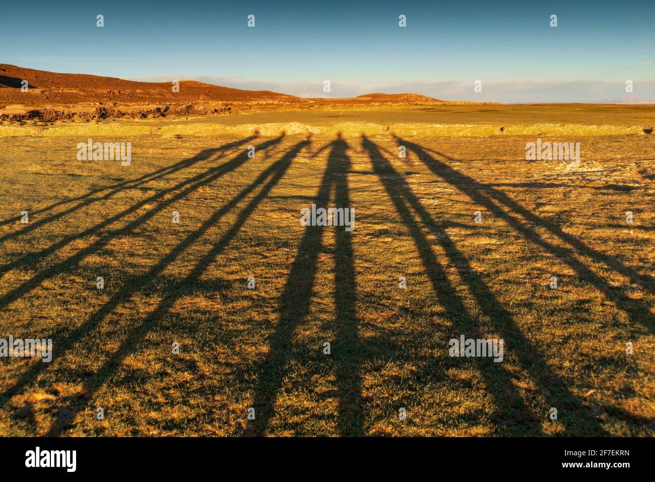 De longues ombres de six personnes se rencontrent au coucher du soleil dans les champs de montagne près d'Uyuni, en Bolivie Banque D'Images