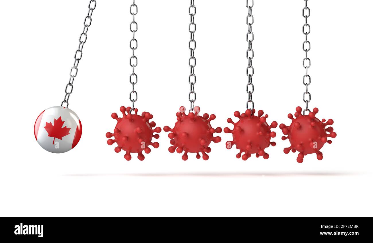 Le ballon du drapeau du Canada frappe une ligne de molécules de coronavirus. Rendu 3D Banque D'Images