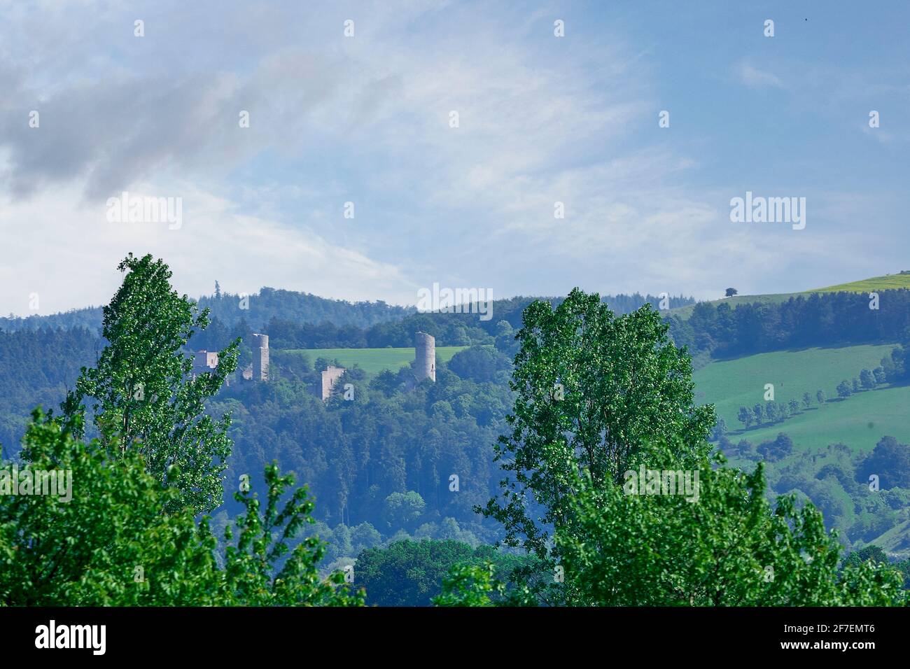 Château médiéval sur la colline le jour de la brume. Le vieux château de Muhlburg est situé au milieu d'arbres verts sur une colline dans un ciel bleu ciel nuageux le jour de la tempête en Thuringe, en Allemagne Banque D'Images