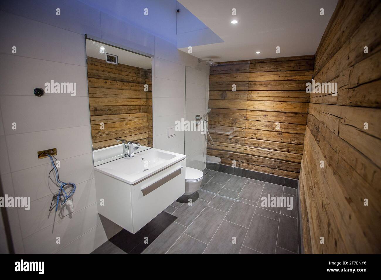 Salle de bains moderne avec murs en bois et carrelage gris. Carrelage blanc  sur le sol, miroir en forme de petit miroir et cabine de douche avec mur en  verre. Look élégant