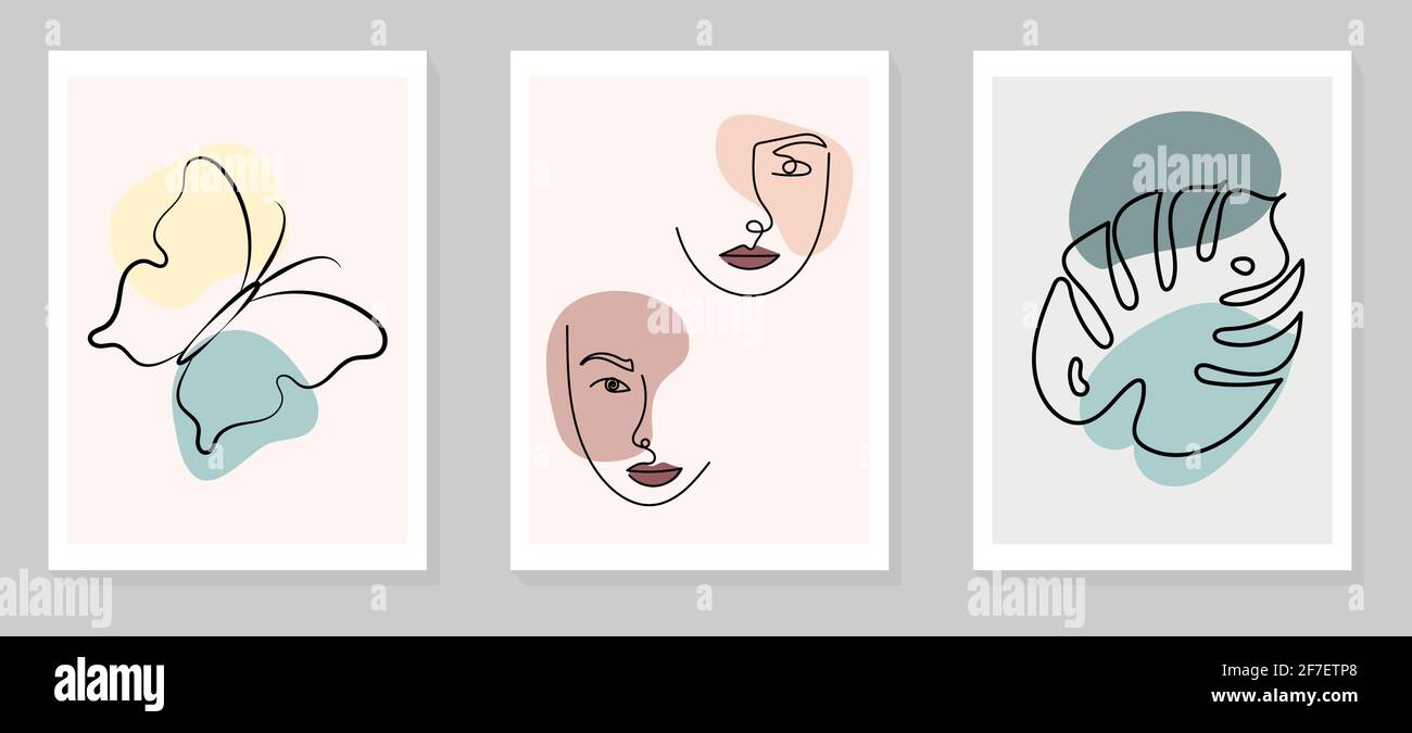 Ensemble d'art mural. Femmes visages, feuilles, papillons, formes abstraites. Ligne continue, concept minimaliste élégant. Design pour décoration murale, carte postale, Illustration de Vecteur
