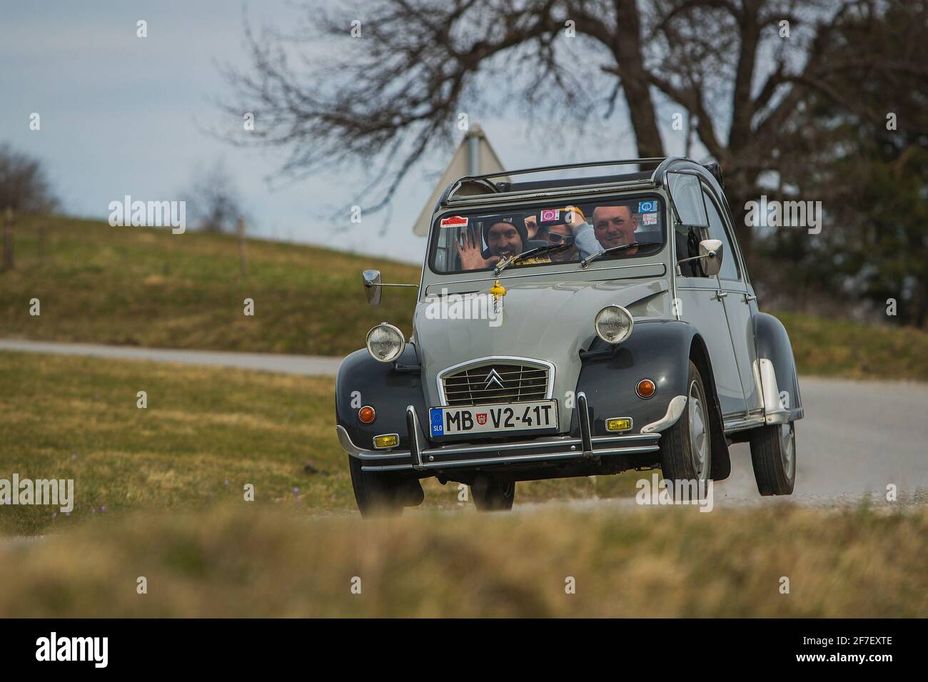 JANCE, SLOVÉNIE, 16.3.2019: Une voiture grise d'époque Citroën 2CV conduit à partir d'une courbe avec des passagers heureux à l'intérieur sur une route de campagne. Banque D'Images