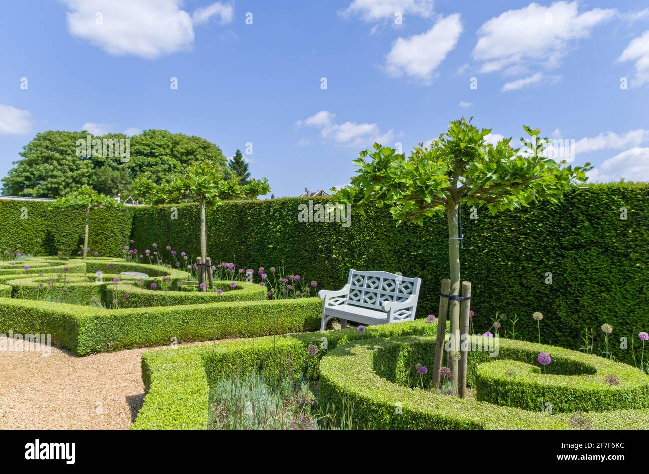 Houghton Hall Gardens en été, Norfolk, Royaume-Uni ; haies de boîtes soigneusement coupées dans le jardin clos Banque D'Images