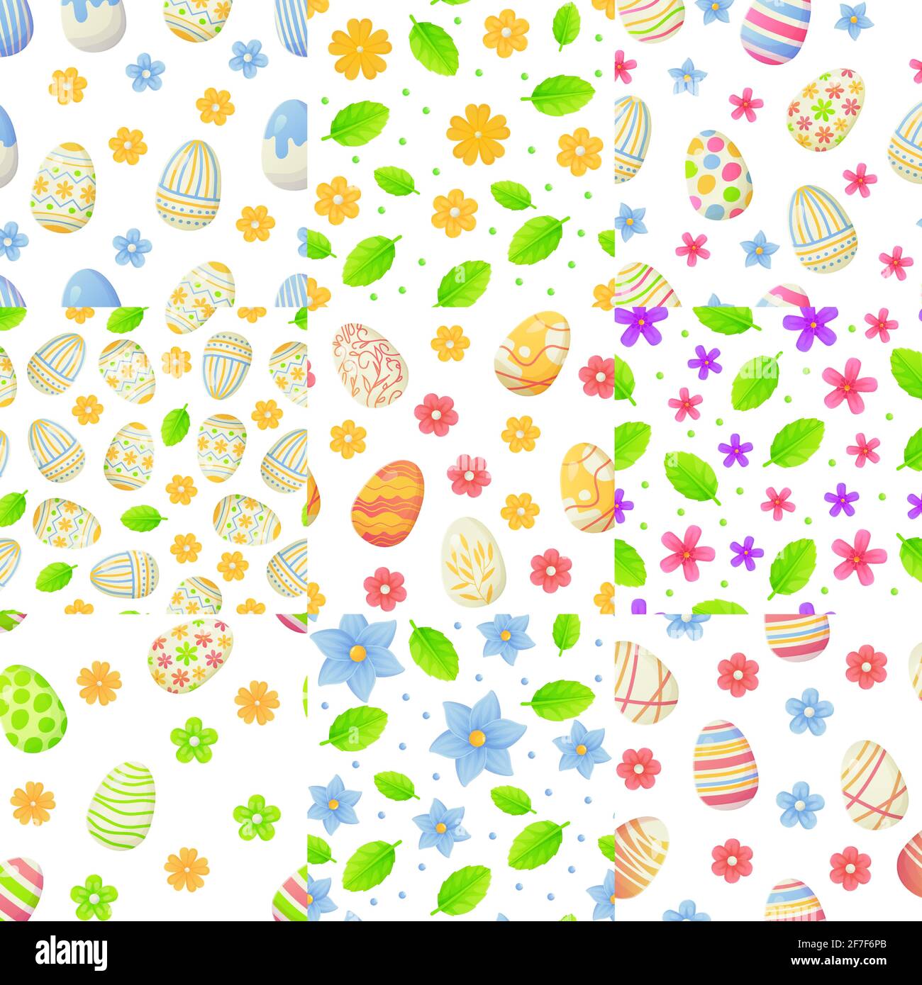 Ensemble de motifs sans couture printaniers avec œufs de Pâques, fleurs et feuilles. Peut être utilisé comme élément de chasse de pâques pour les bannières Web, les affiches et les textures. Stock Illustration de Vecteur
