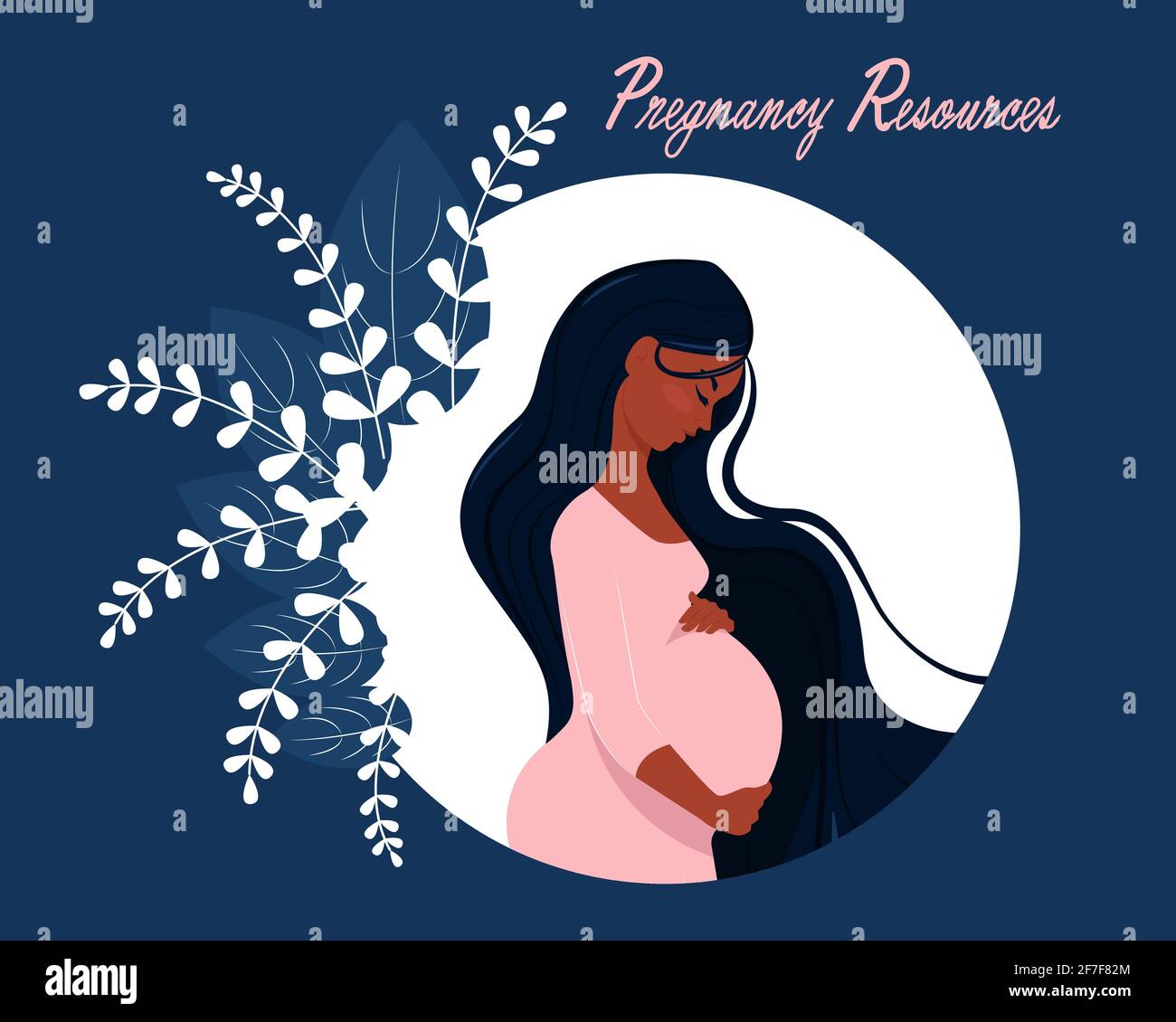 Bonne femme enceinte tenant son ventre, Cartoon mère saine avec de longs cheveux tient ses mains sur son ventre avec bébé, jeune femme s'attendant à un bébé Illustration de Vecteur