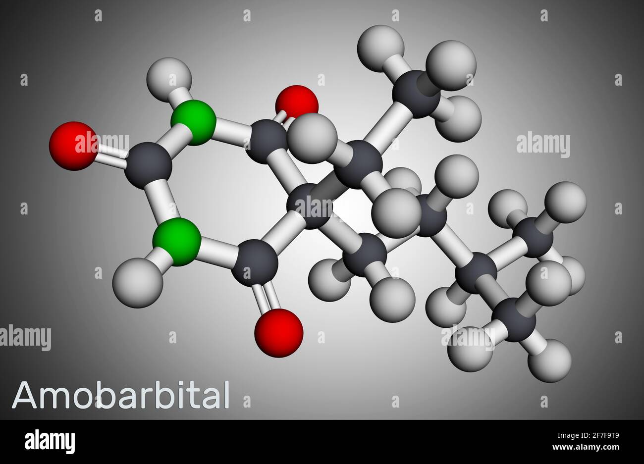 Amobarbital, amylobarbone, molécule de médicament amylaire de sodium. Il est dérivé barbiturique avec des propriétés hypnotiques et sédatives. Modèle moléculaire. Rend 3D Banque D'Images
