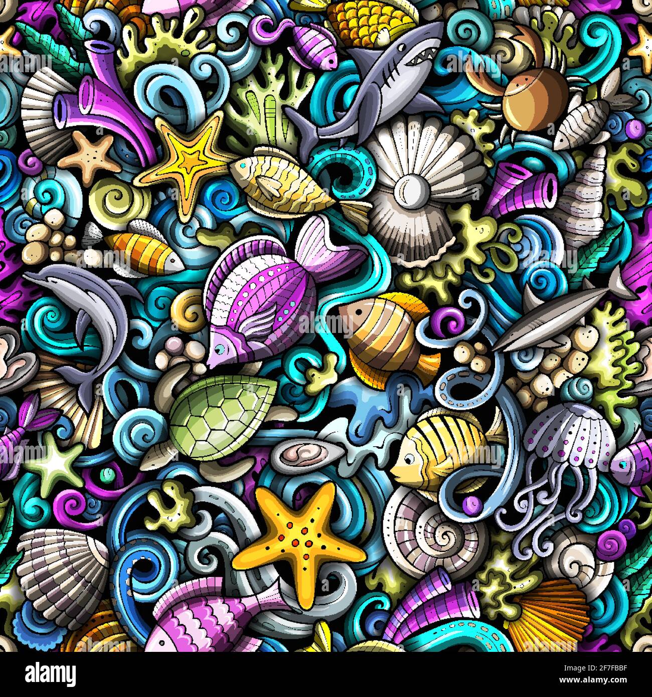 Motif de dessin animé sans couture Sea Life. Toile de fond avec symboles et objets sous-marins. Arrière-plan coloré et détaillé pour un imprimé sur le tissu, le textile et le phon Illustration de Vecteur