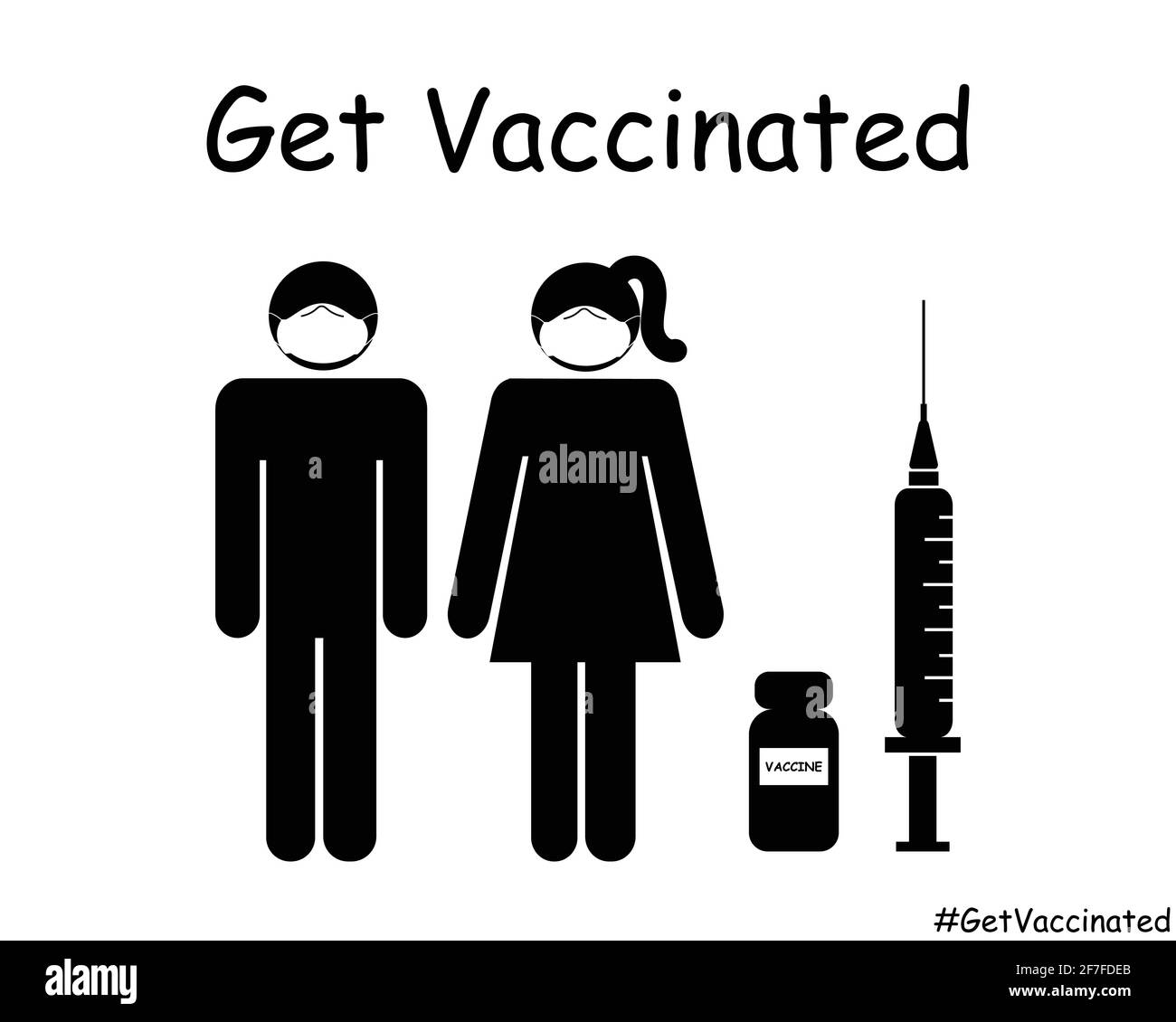Faites-vous vacciner Stick Figure Homme femme couple avec masque. Illustration de l'icône EPS vectoriel en noir et blanc Illustration de Vecteur