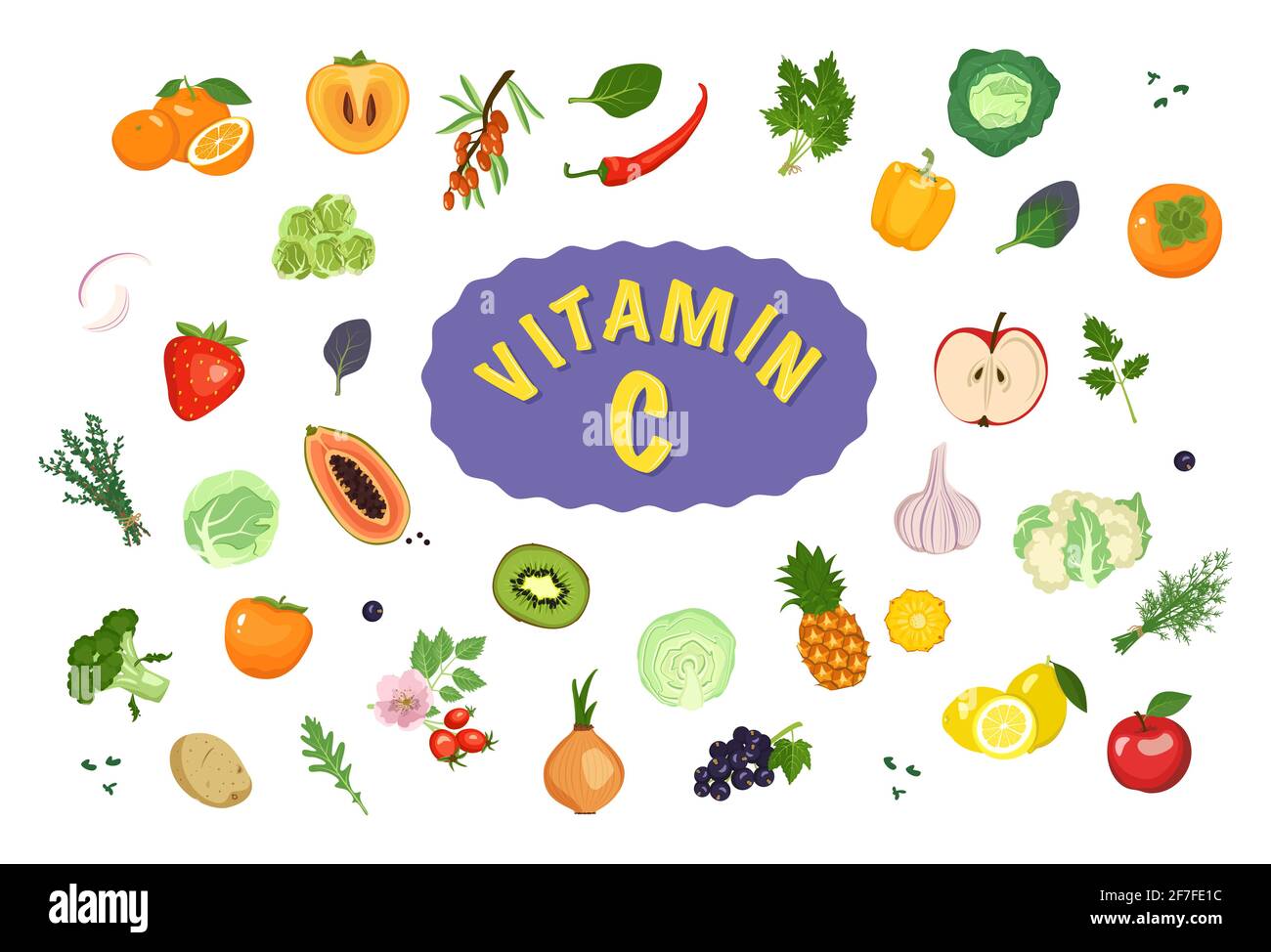 Source de vitamine C. ensemble d'icônes de légumes, de fruits et d'herbes. Ensemble d'aliments végétariens. Un mode de vie sain Illustration de Vecteur