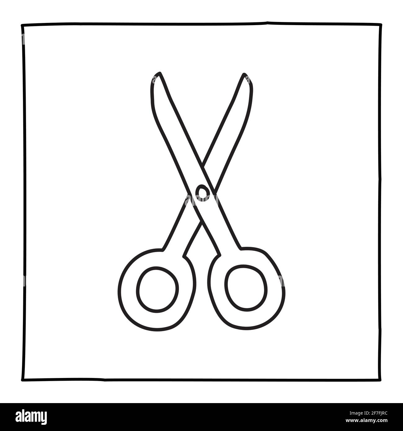 Icône ou logo en forme de ciseaux Doodle, dessiné à la main avec une fine ligne noire. Illustration de Vecteur