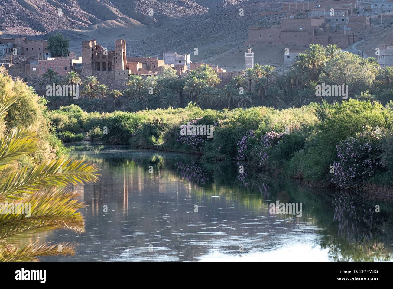 Montée de soleil sur une rivière avec un reflet de ruine de kasbah, vallée du Draa, Maroc, Afrique du Nord, Afrique Banque D'Images